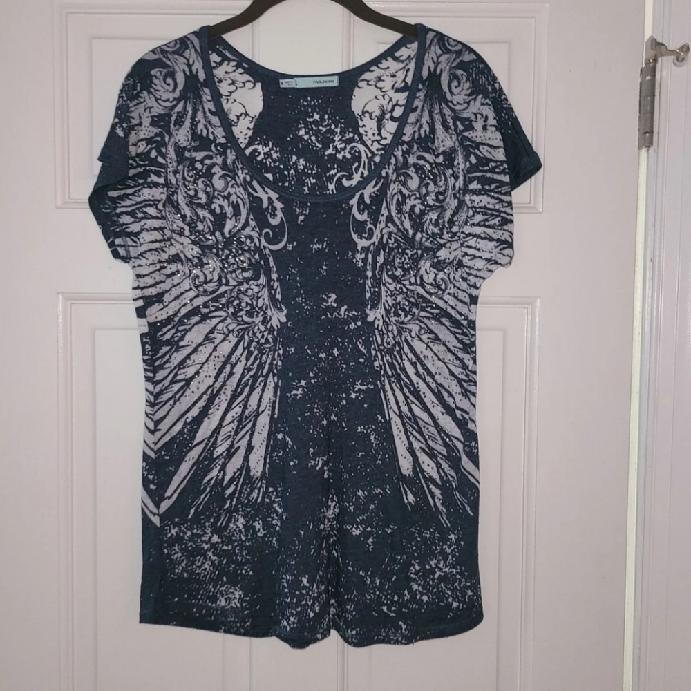 🪽 Maurices Angel Wing Graphic Top Rhinestone Embellished - Blue & White - Small